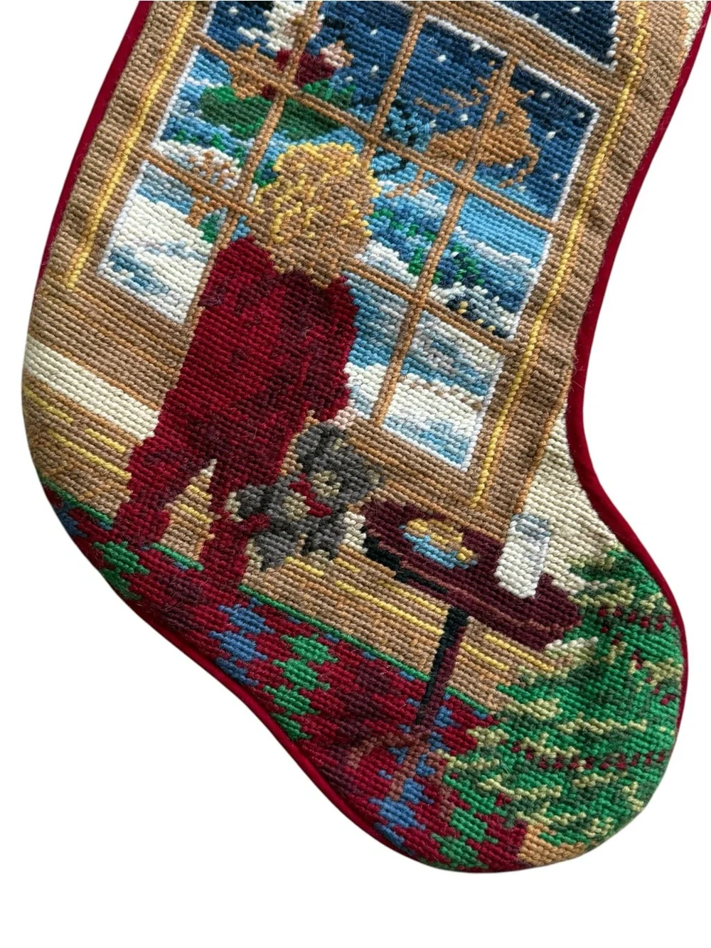 Vintage Wool Needlepoint Christmas Stocking Santa Reindeer Grandmillennial Decor
